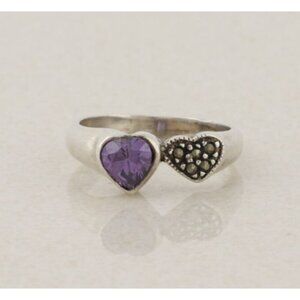 Sterling Silver Purple Cubic Zirconia and Marcasite Two Heart Ring Size 8